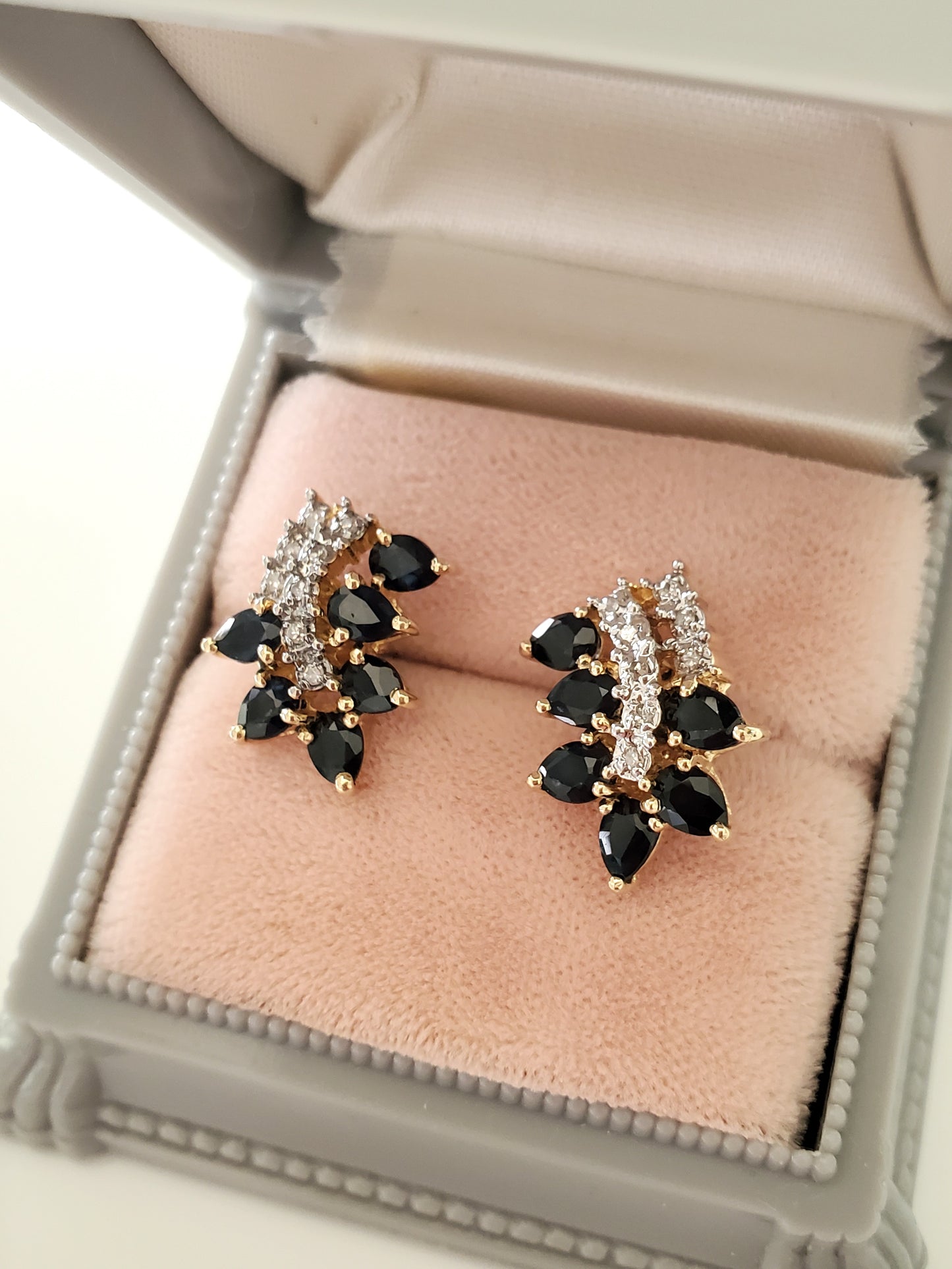 14K Gold 1980s Diamonds and Sapphire Cluster Stud Earrings