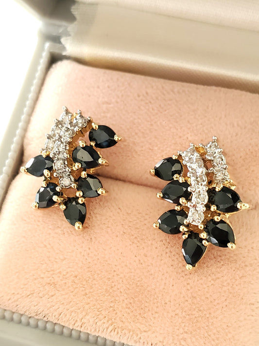 14K Gold 1980s Diamonds and Sapphire Cluster Stud Earrings