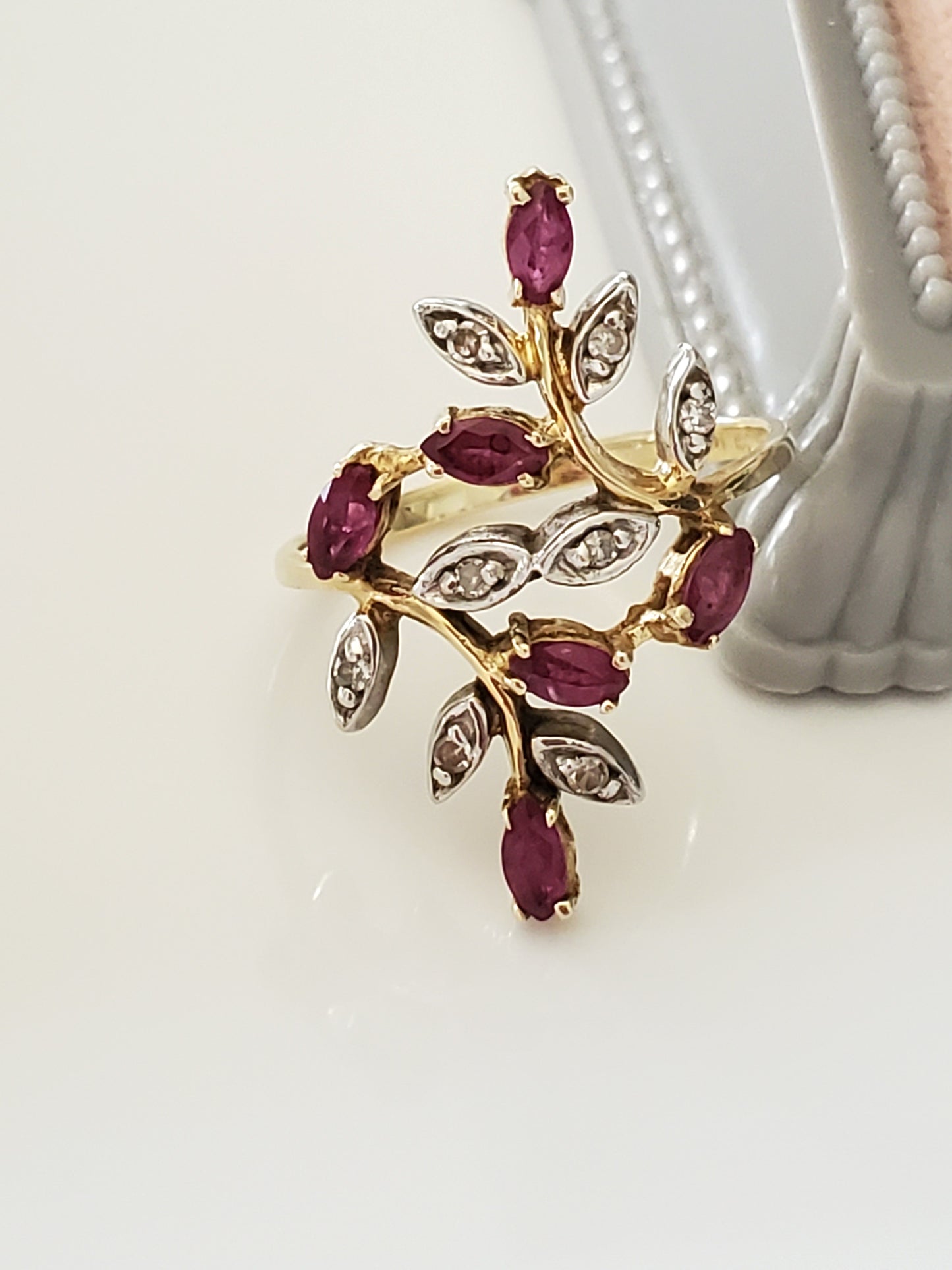 Gorgeous Vintage Ruby and Diamond Floral Ring - 14K Yellow and White Gold