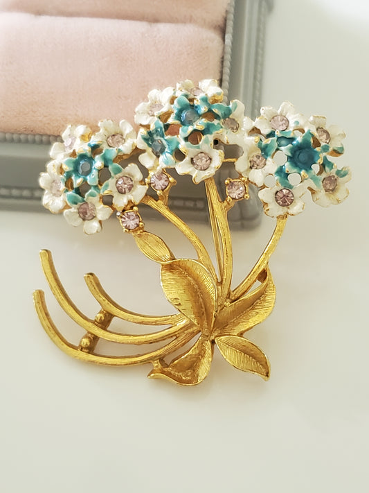 Vintage Enamel and Rhinestone Floral Bouquet Brooch