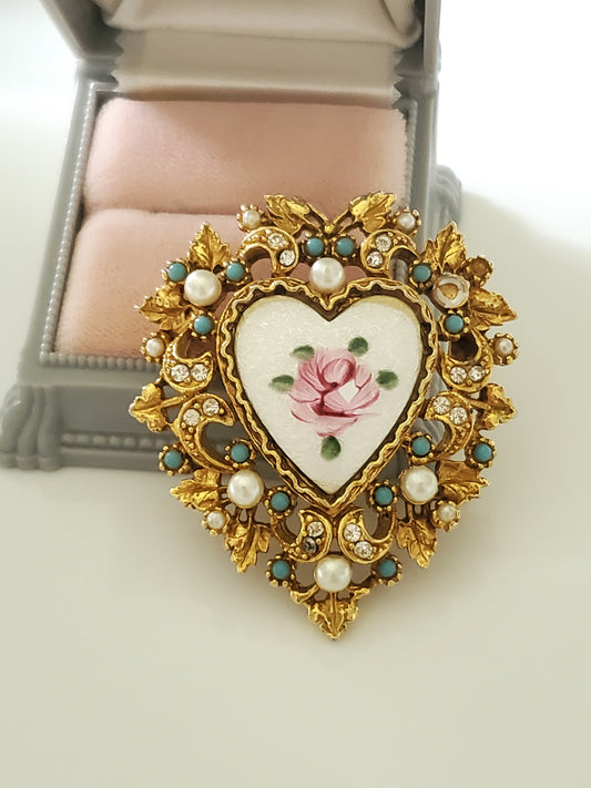 Vintage ART Arthur Pepper Designer Heart Rhinestone & Pearl Brooch