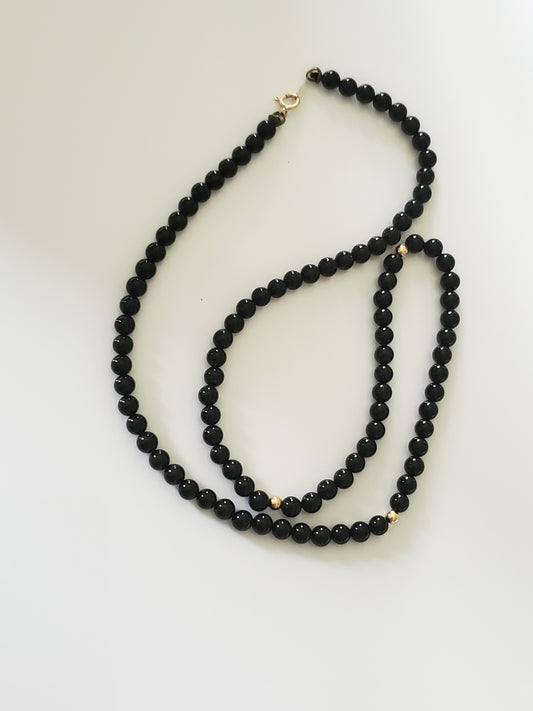 Small Onyx Beaded Necklace with 14K Gold Clasp