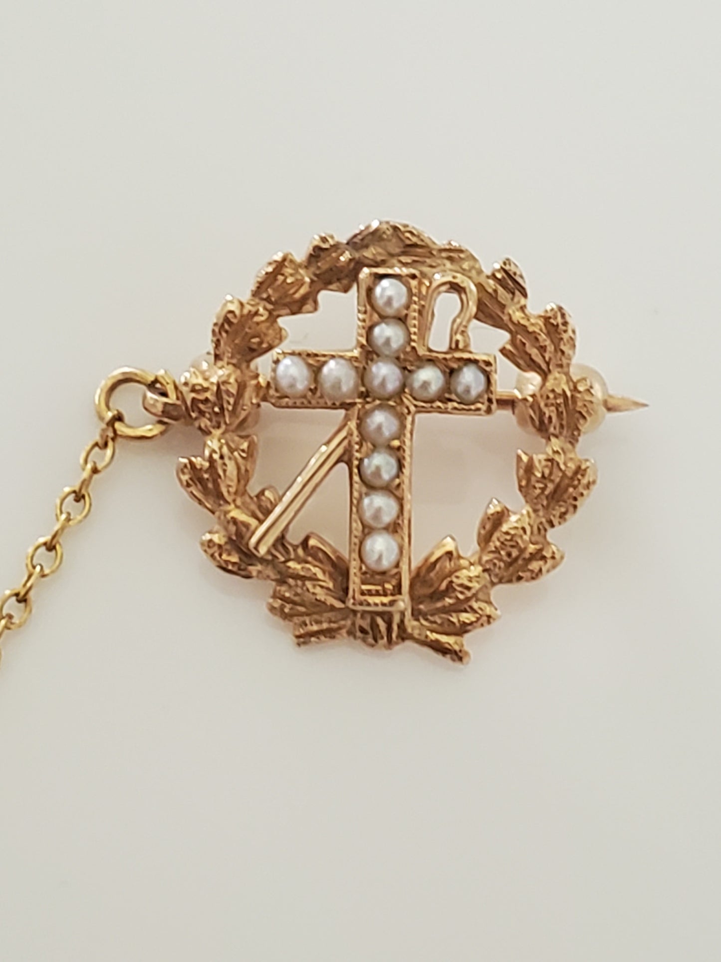 14K Gold - Vintage Masonic Tie Tack Free Mason Cross Cane Gavel Brooch with Pearl