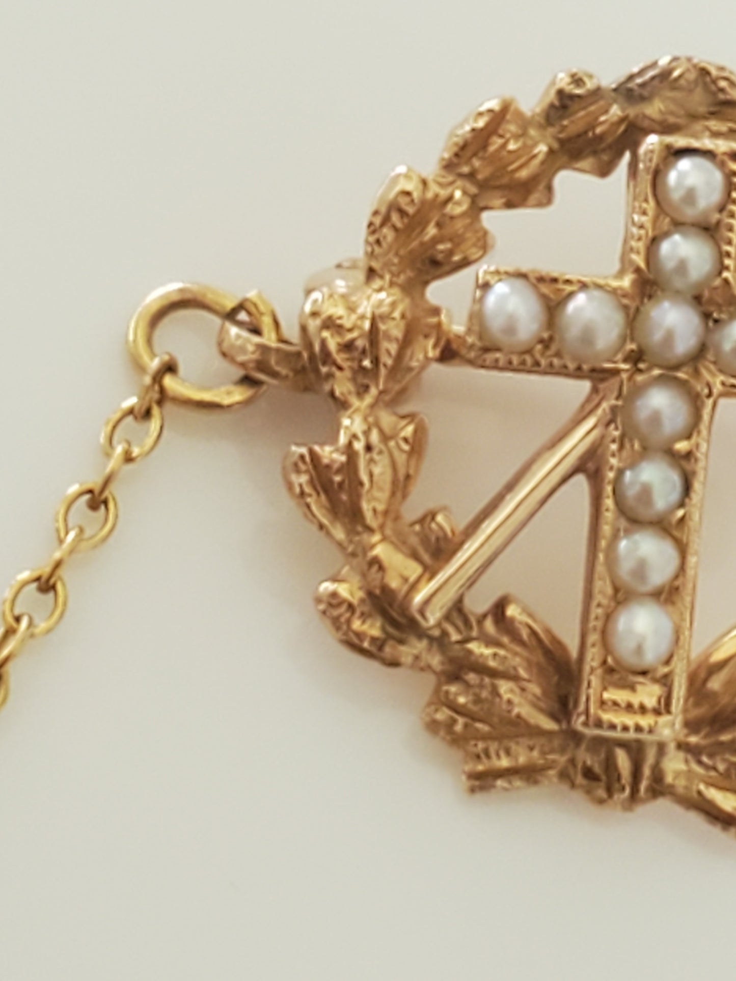 14K Gold - Vintage Masonic Tie Tack Free Mason Cross Cane Gavel Brooch with Pearl