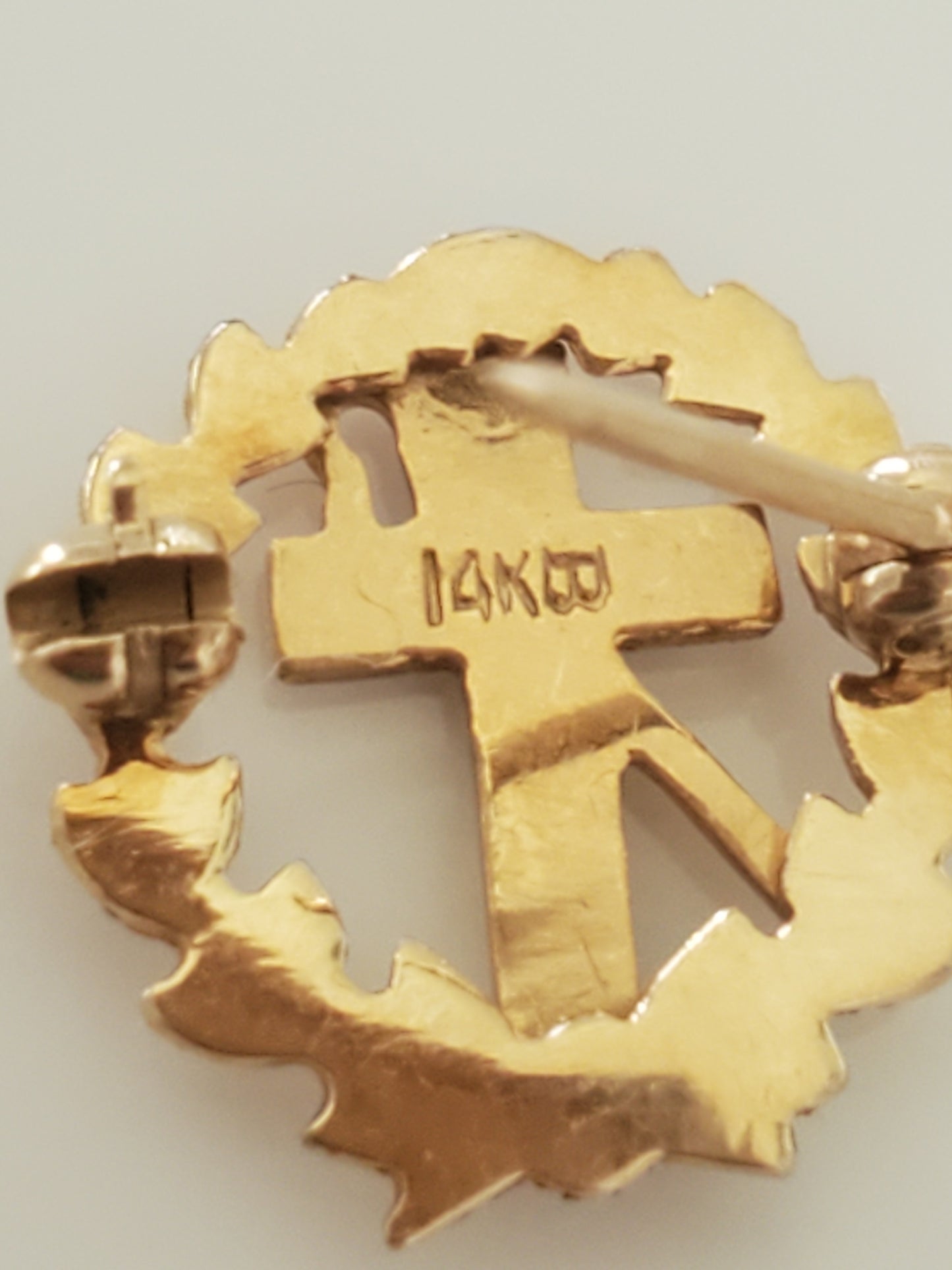 14K Gold - Vintage Masonic Tie Tack Free Mason Cross Cane Gavel Brooch with Pearl