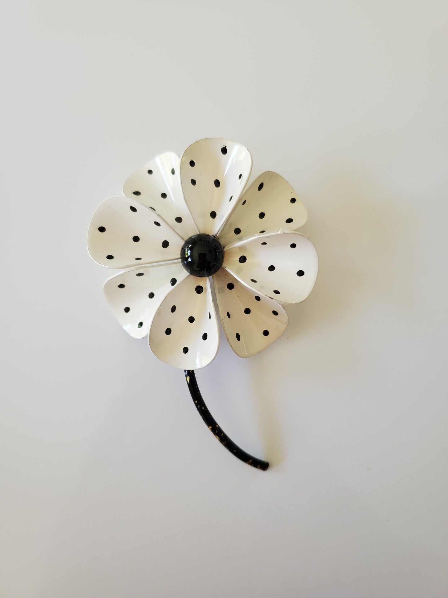 Vintage Mid-Century Black and White Polka Dotted Enamel Metal Flower Brooch