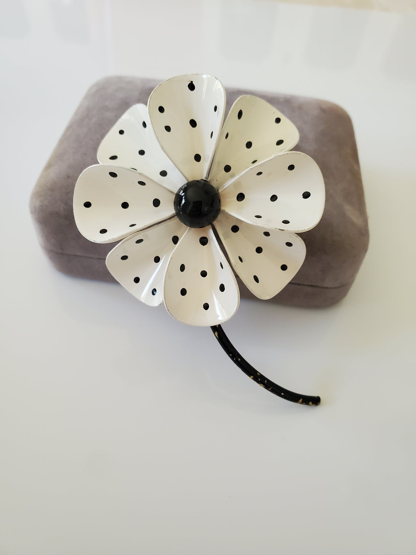 Vintage Mid-Century Black and White Polka Dotted Enamel Metal Flower Brooch