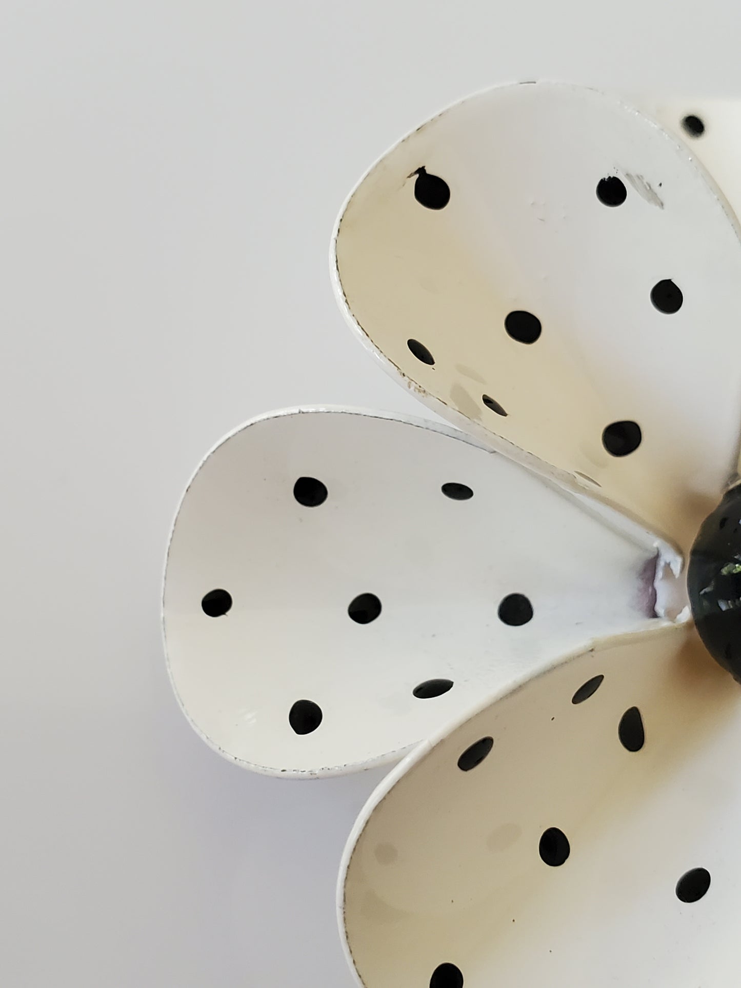 Vintage Mid-Century Black and White Polka Dotted Enamel Metal Flower Brooch