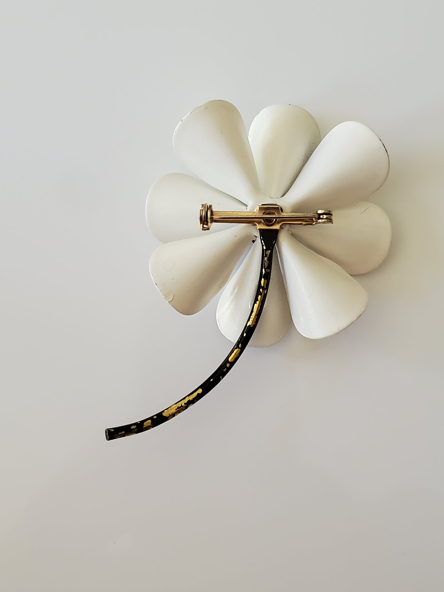 Vintage Mid-Century Black and White Polka Dotted Enamel Metal Flower Brooch