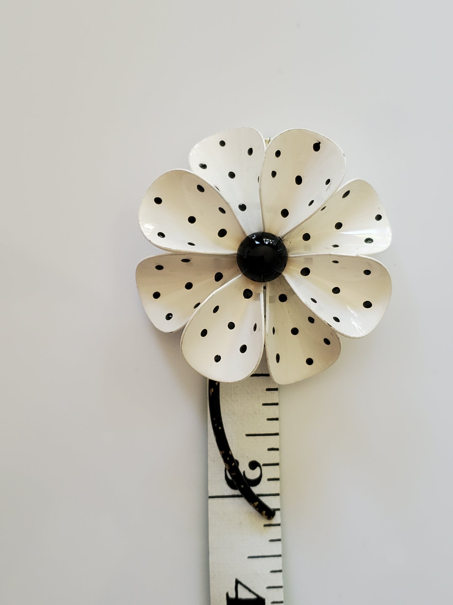 Vintage Mid-Century Black and White Polka Dotted Enamel Metal Flower Brooch