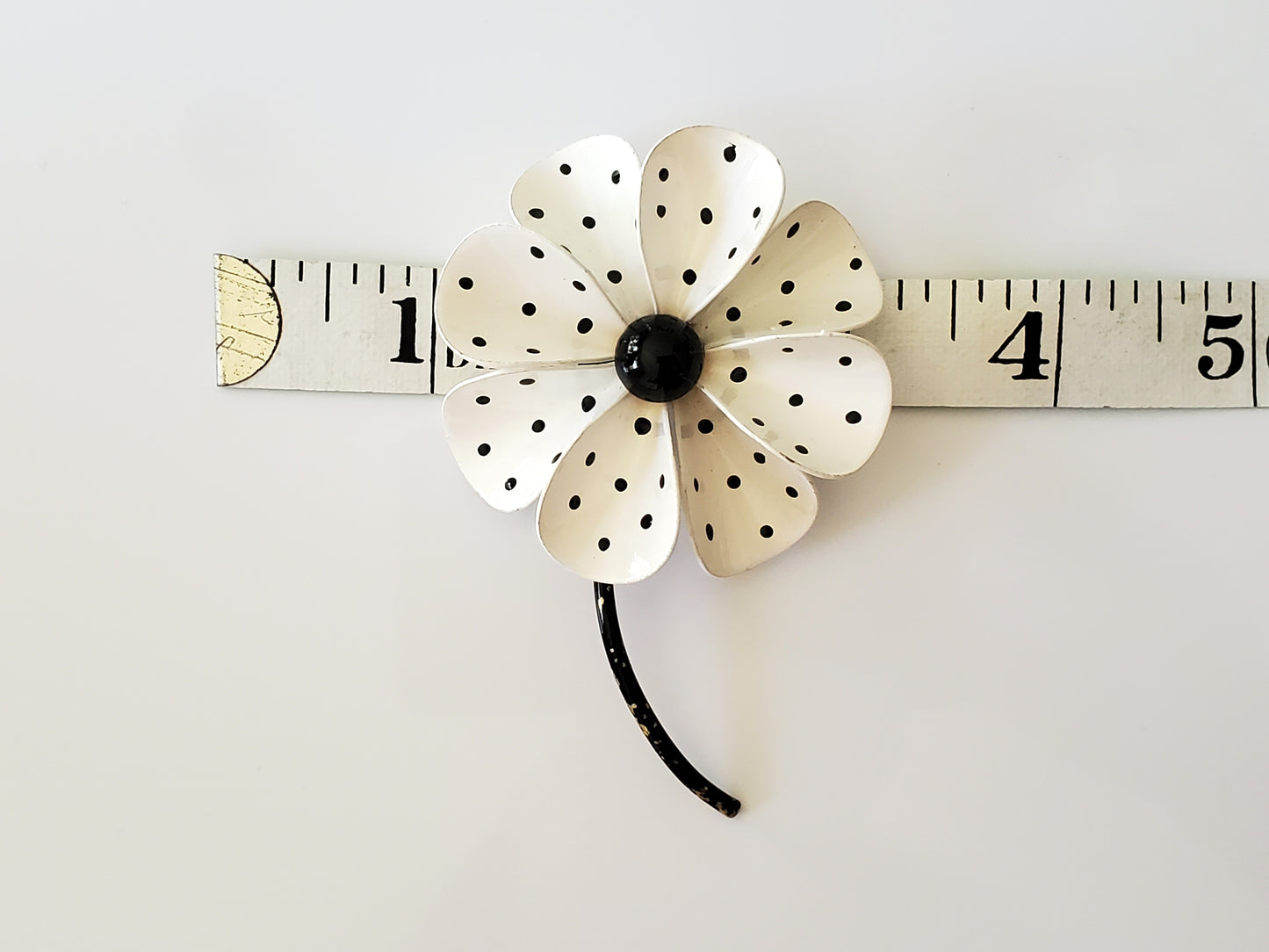 Vintage Mid-Century Black and White Polka Dotted Enamel Metal Flower Brooch