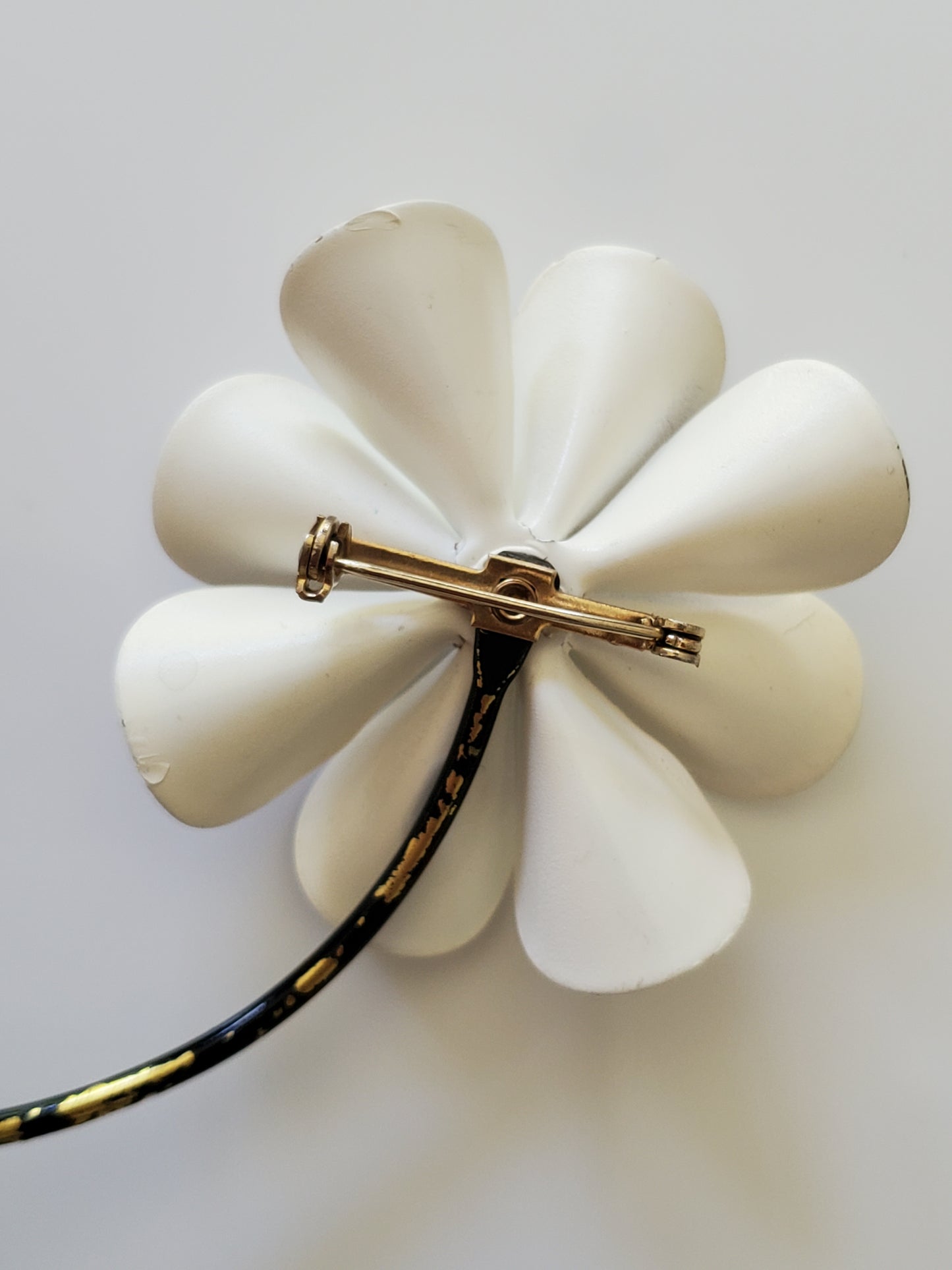 Vintage Mid-Century Black and White Polka Dotted Enamel Metal Flower Brooch