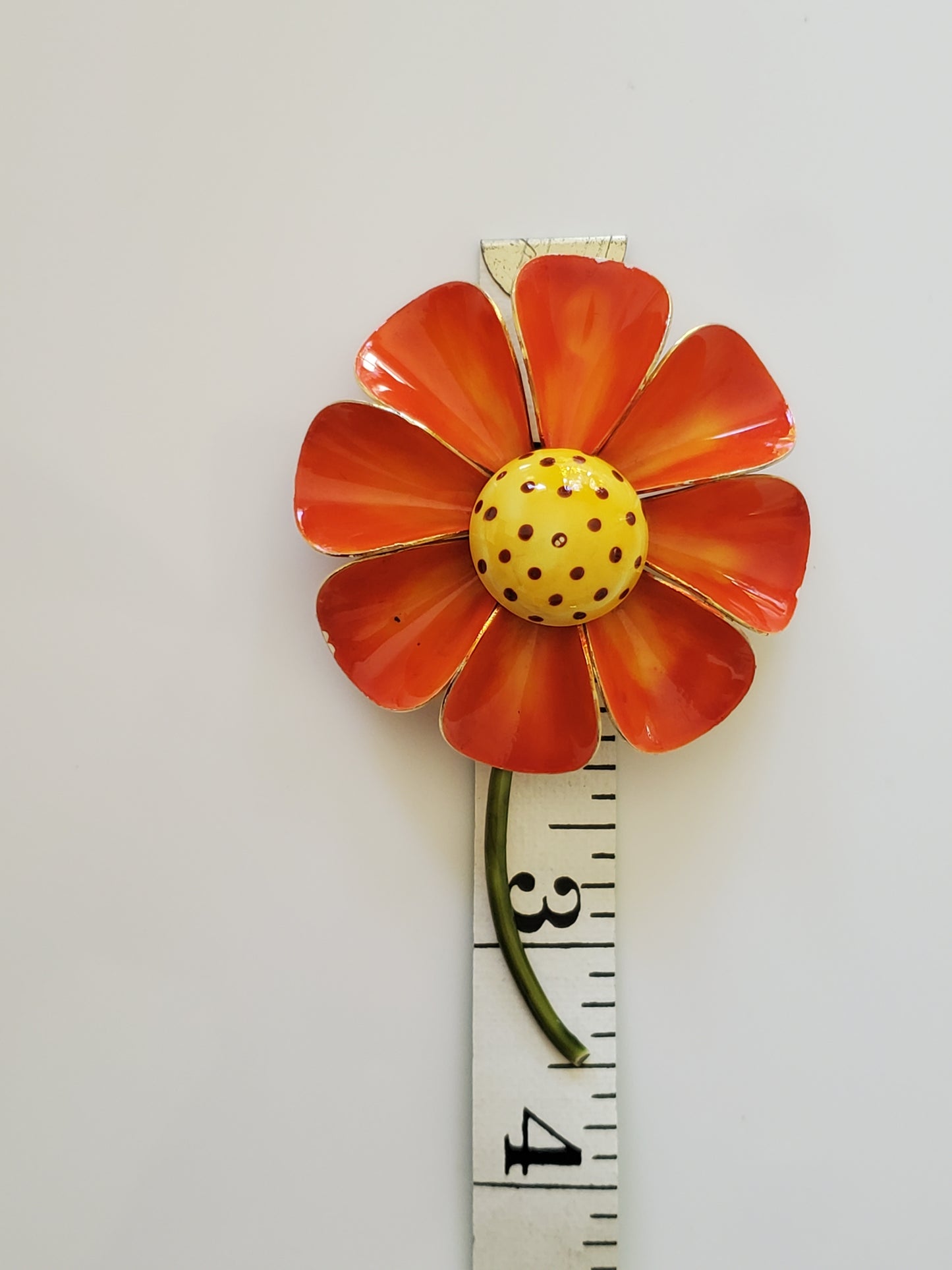 Vintage Mid-Century Orange Enamel Metal Flower Brooch