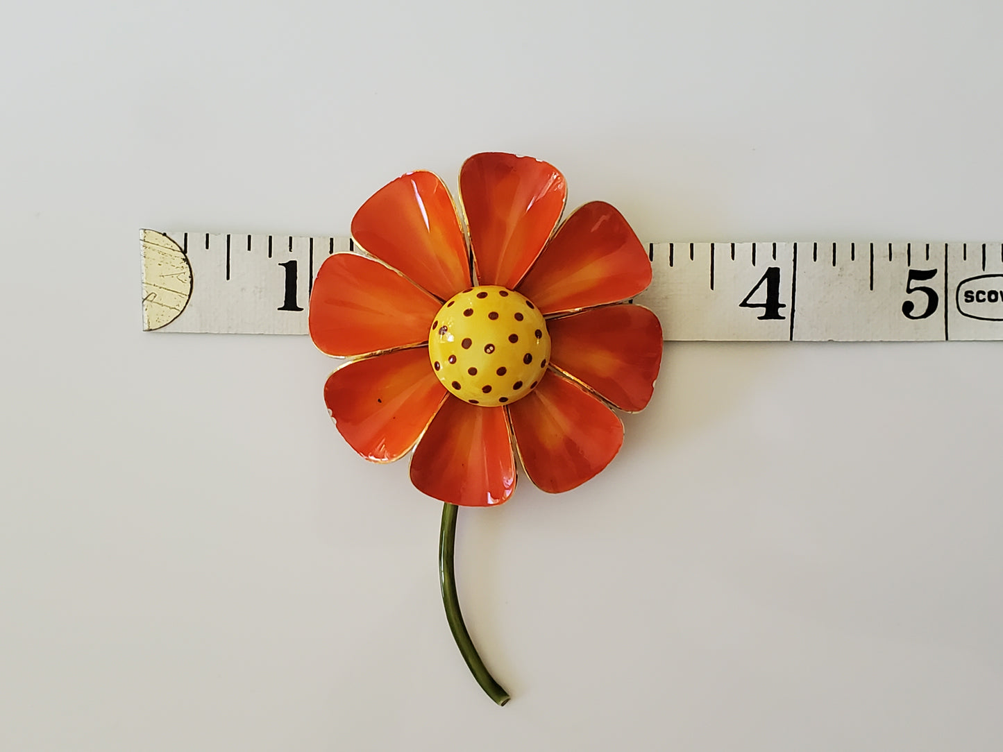 Vintage Mid-Century Orange Enamel Metal Flower Brooch