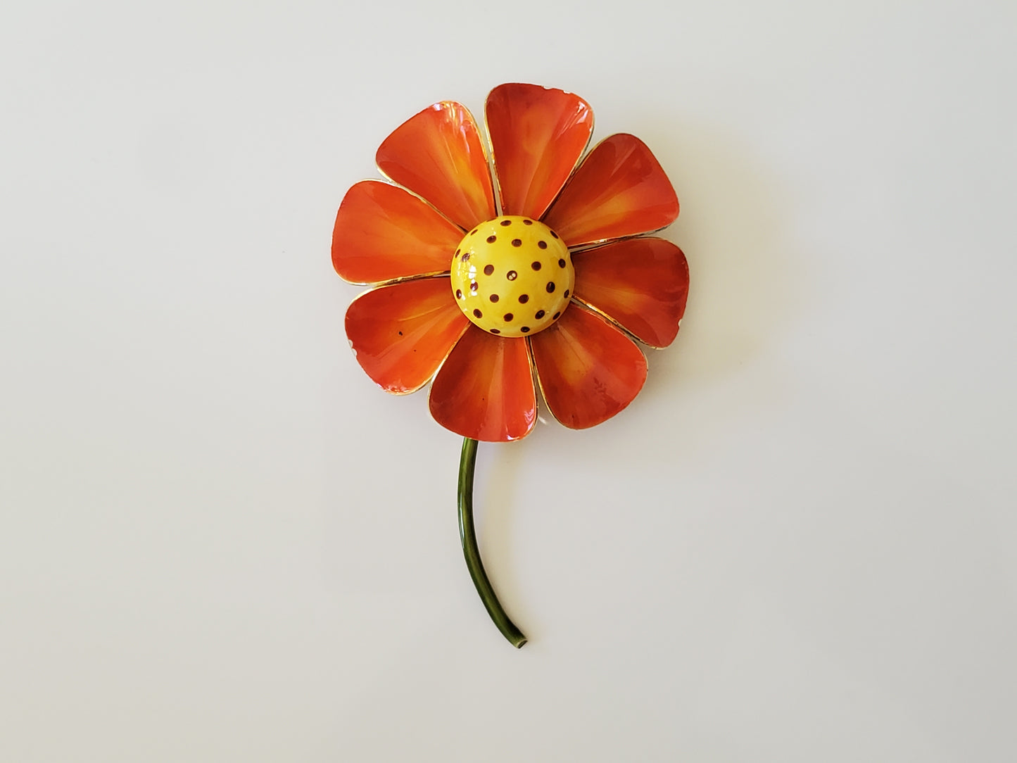 Vintage Mid-Century Orange Enamel Metal Flower Brooch