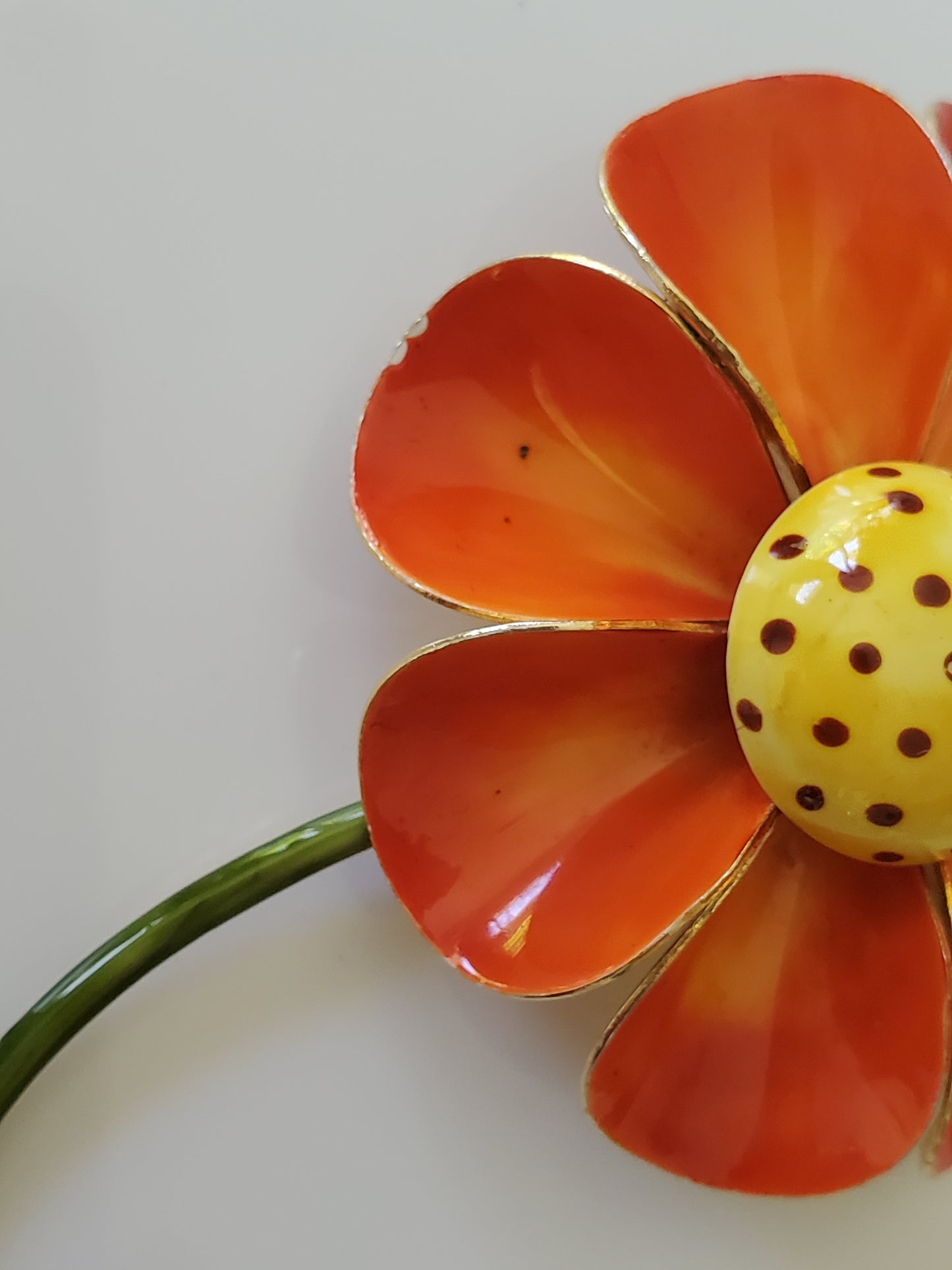 Vintage Mid-Century Orange Enamel Metal Flower Brooch