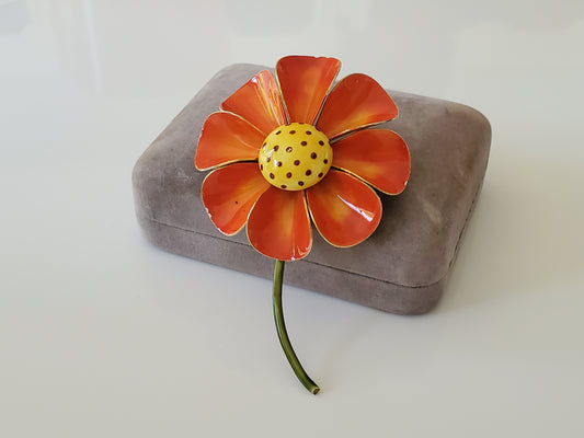 Vintage Mid-Century Orange Enamel Metal Flower Brooch