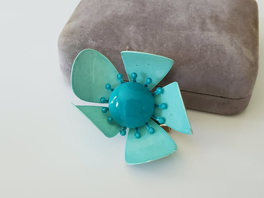 Vintage Mid-Century Turquoise Folded Metal Flower Brooch