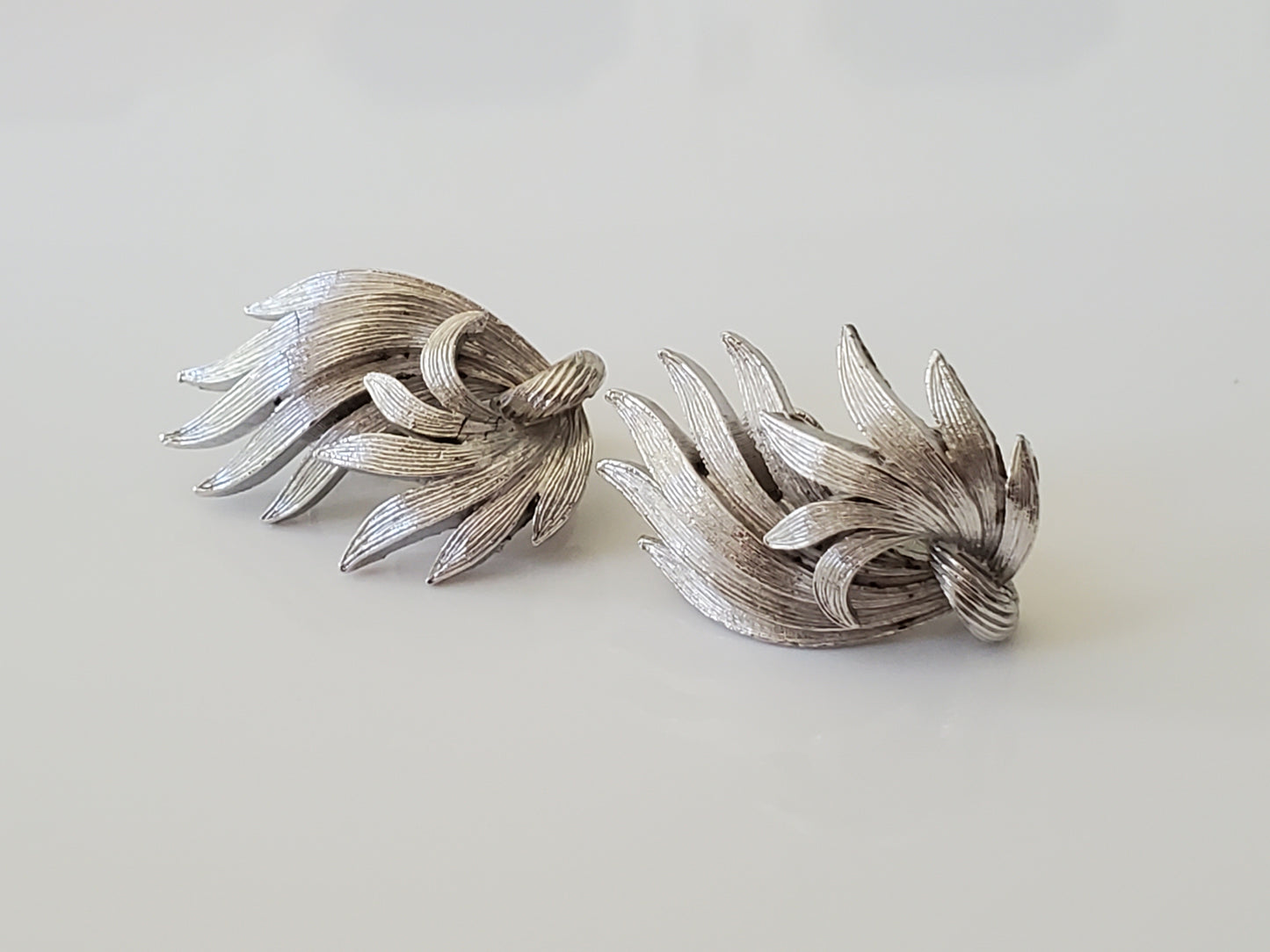 Mid-Century Lisner Designer Brushed Silver Abstract Clip On Earrings