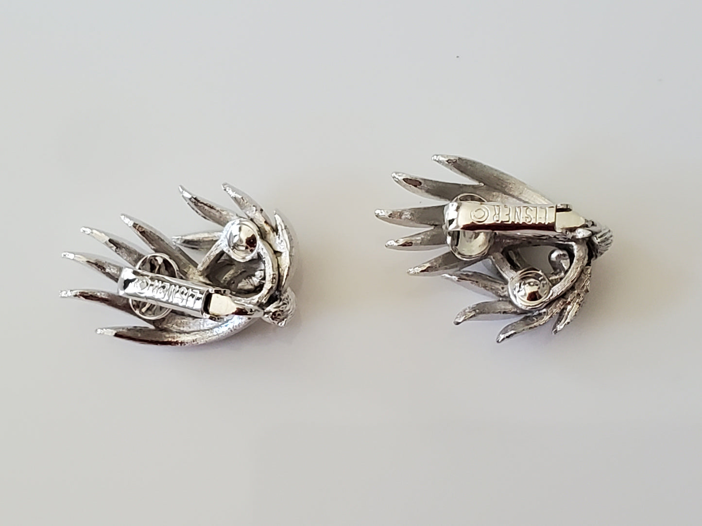 Mid-Century Lisner Designer Brushed Silver Abstract Clip On Earrings