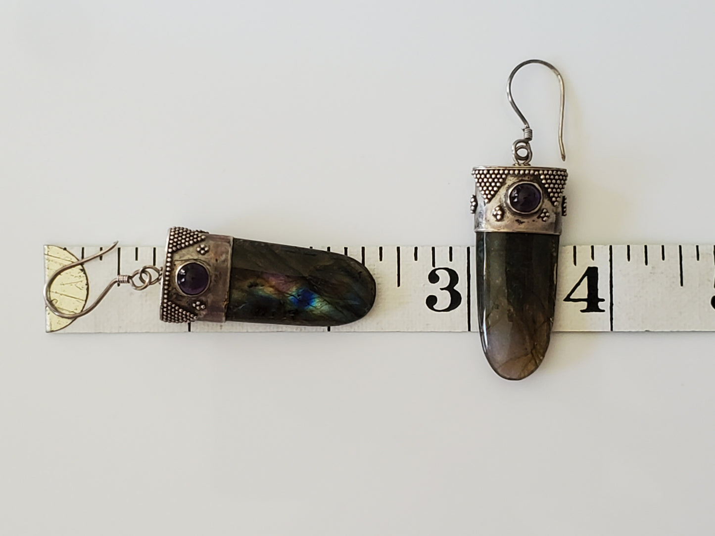 Sterling Labrodite and Amethyst Dangle Earrings