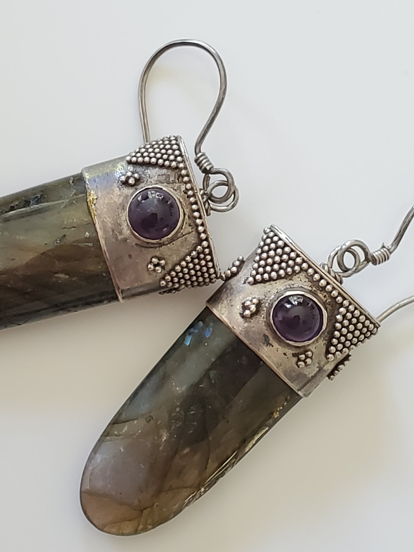 Sterling Labrodite and Amethyst Dangle Earrings