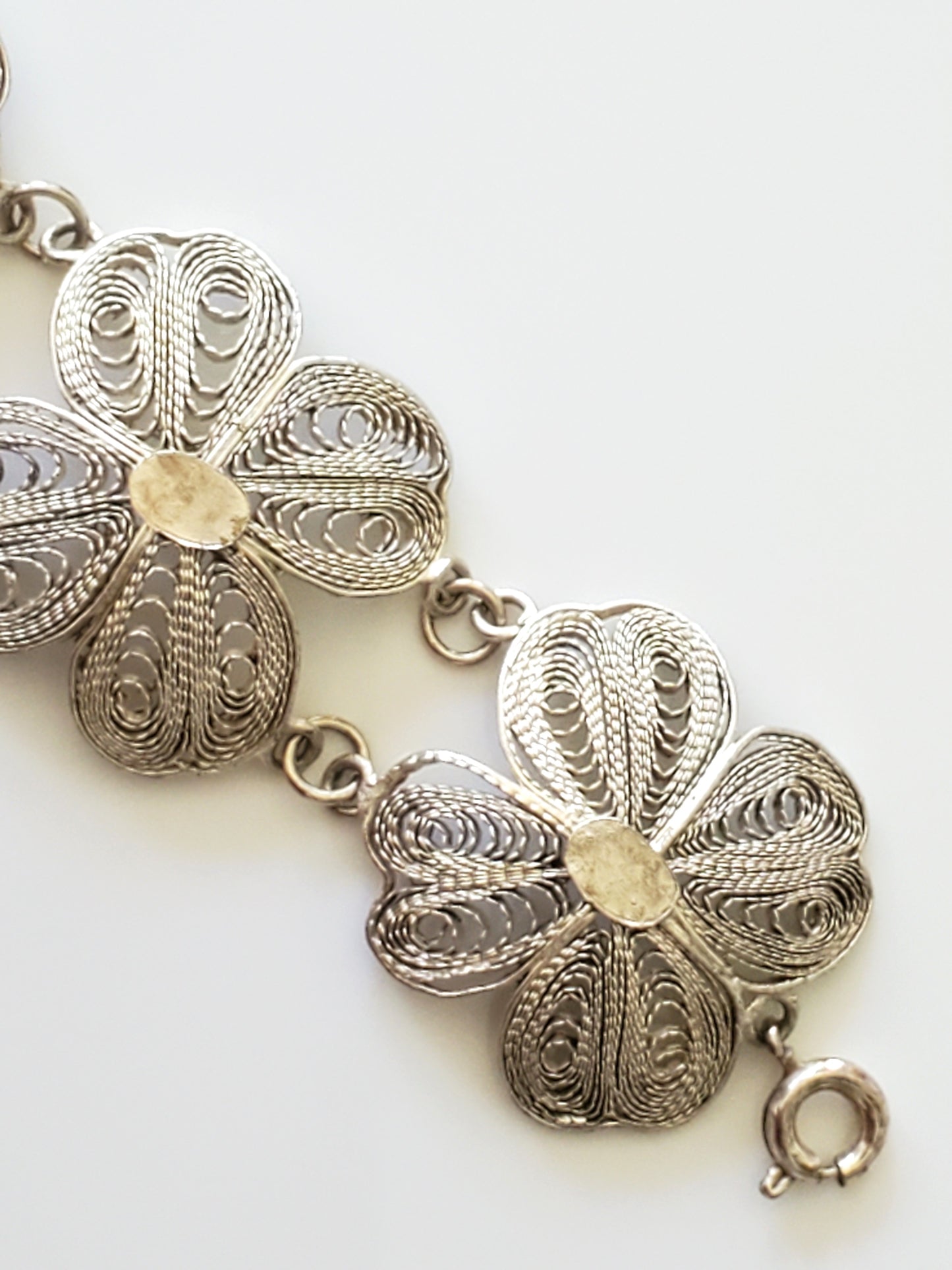 Vintage Silver Filigree Four Clover Link Bracelet – 6.25 inch