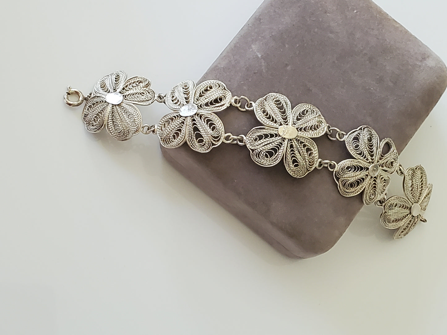 Vintage Silver Filigree Four Clover Link Bracelet – 6.25 inch