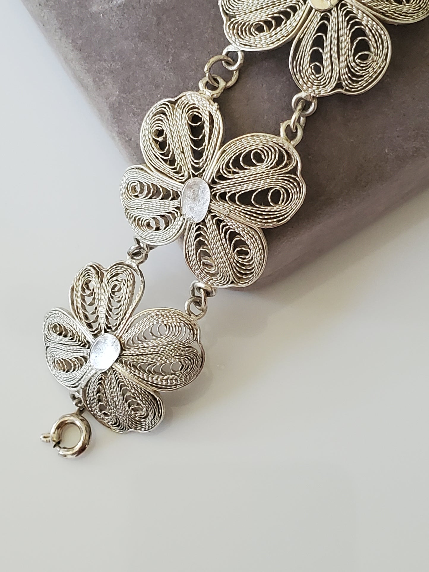 Vintage Silver Filigree Four Clover Link Bracelet – 6.25 inch