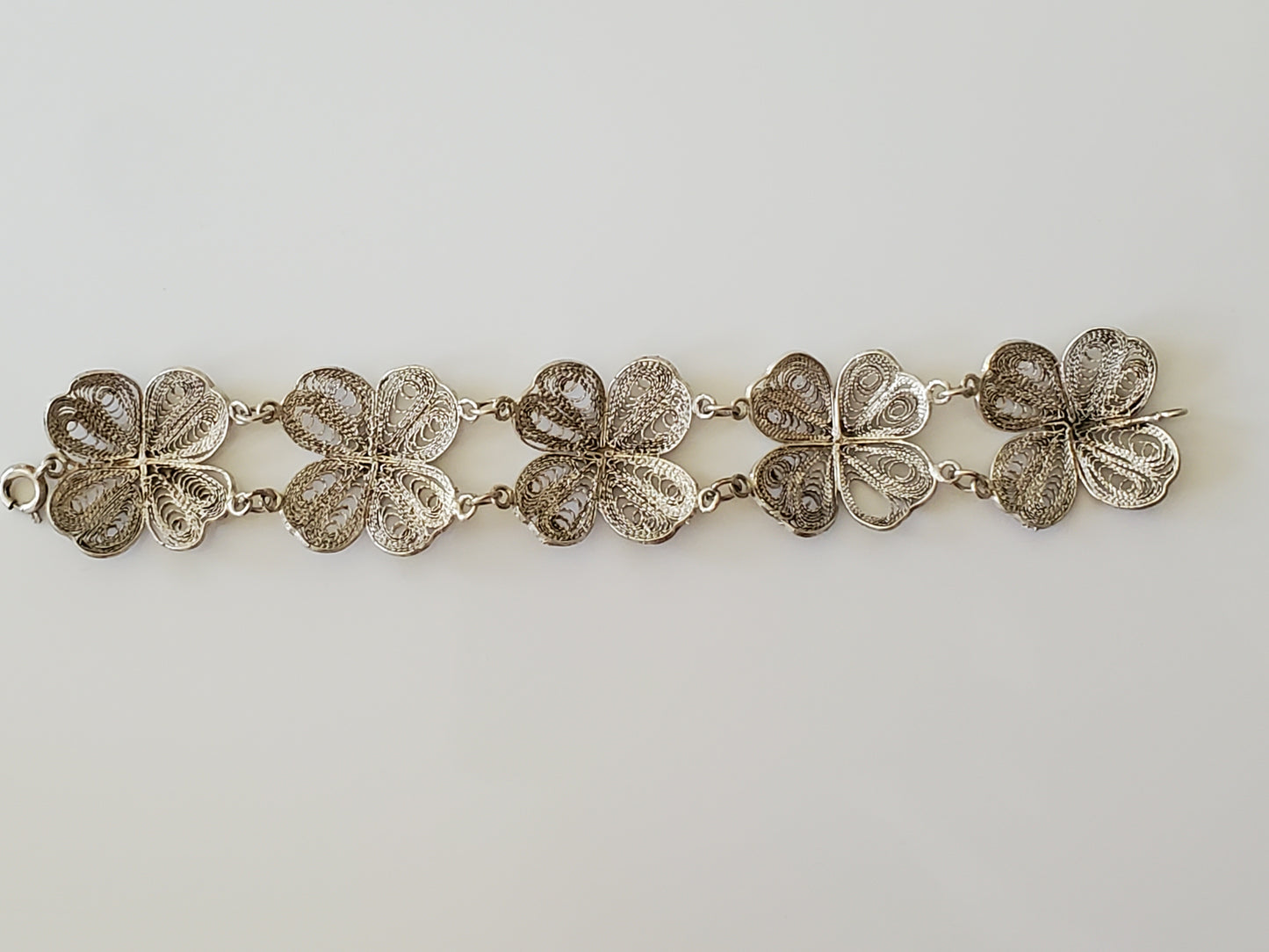 Vintage Silver Filigree Four Clover Link Bracelet – 6.25 inch