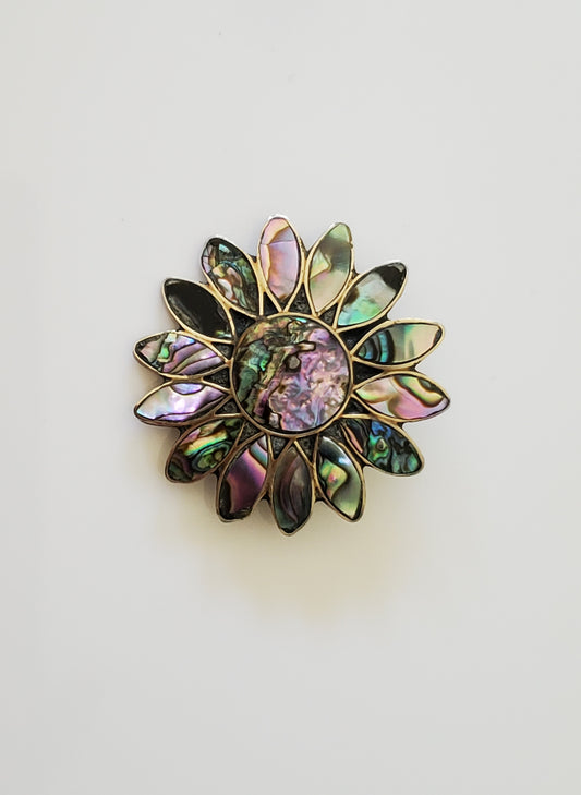 Vintage Alpaca Mexico Abalone Inlay Sunflower Pattern Pin Brooch in Silver Tone Metal