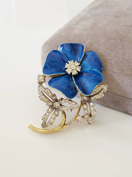 Vintage Jomaz Designer Blue Enamel and Rhinestone Pansy Brooch Pin