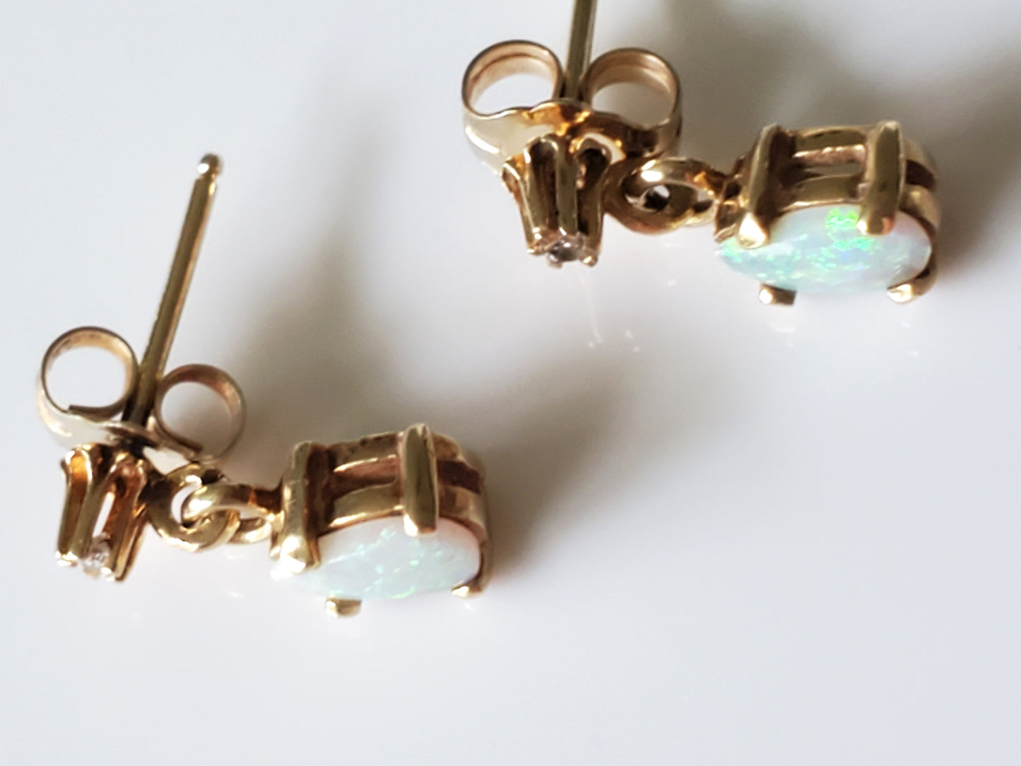 Vintage Solid 14k Yellow Gold Opal & Diamond Drop Earrings