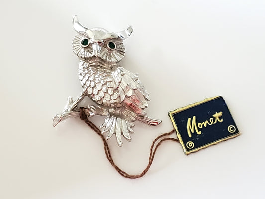 Vintage Monet Designer Silver Brushed Owl Brooch