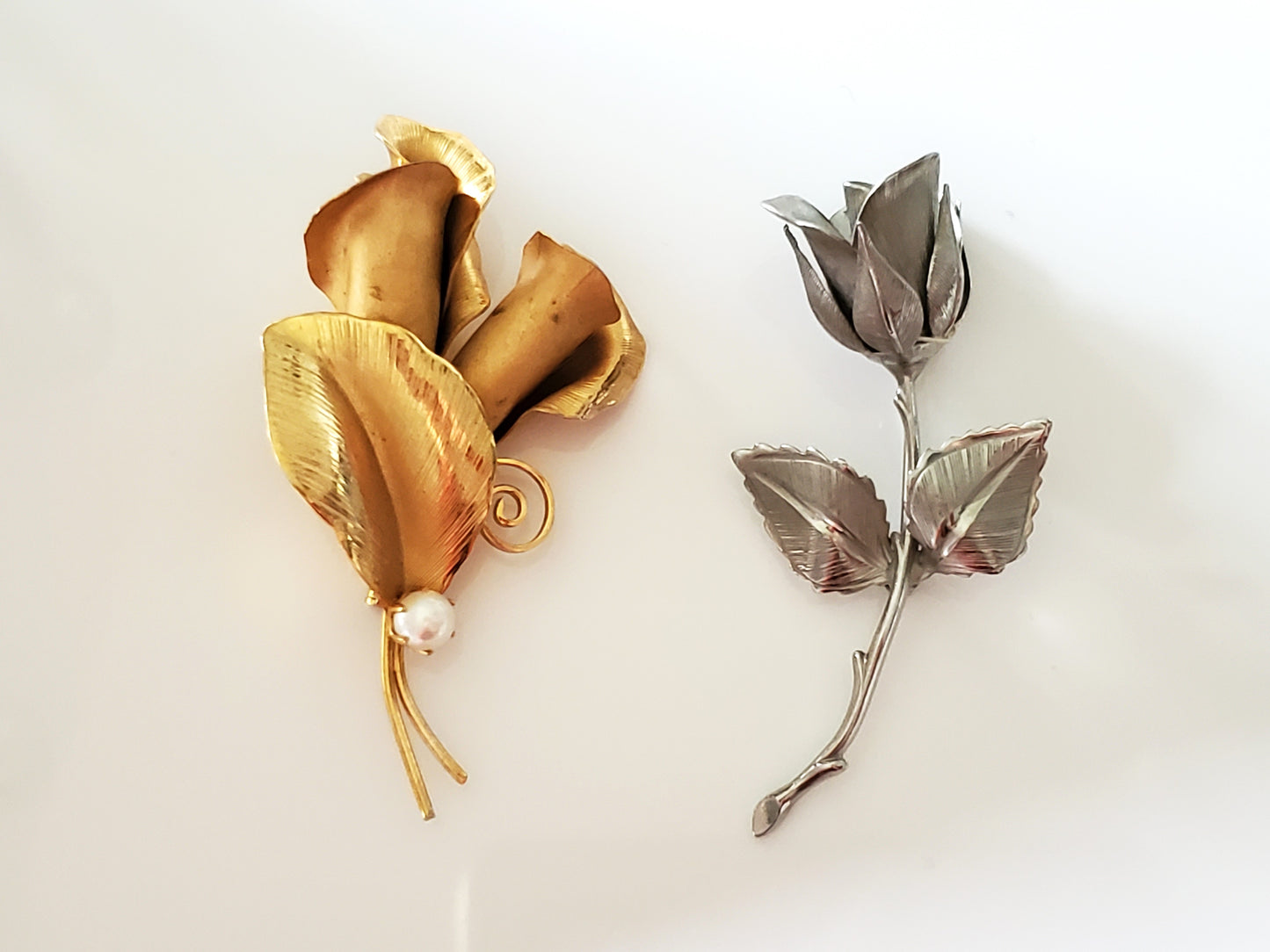 Pair of Vintage Brooches - Giovanni Designer Rose Brooch and Gold Calla Lilly Metal Brooch