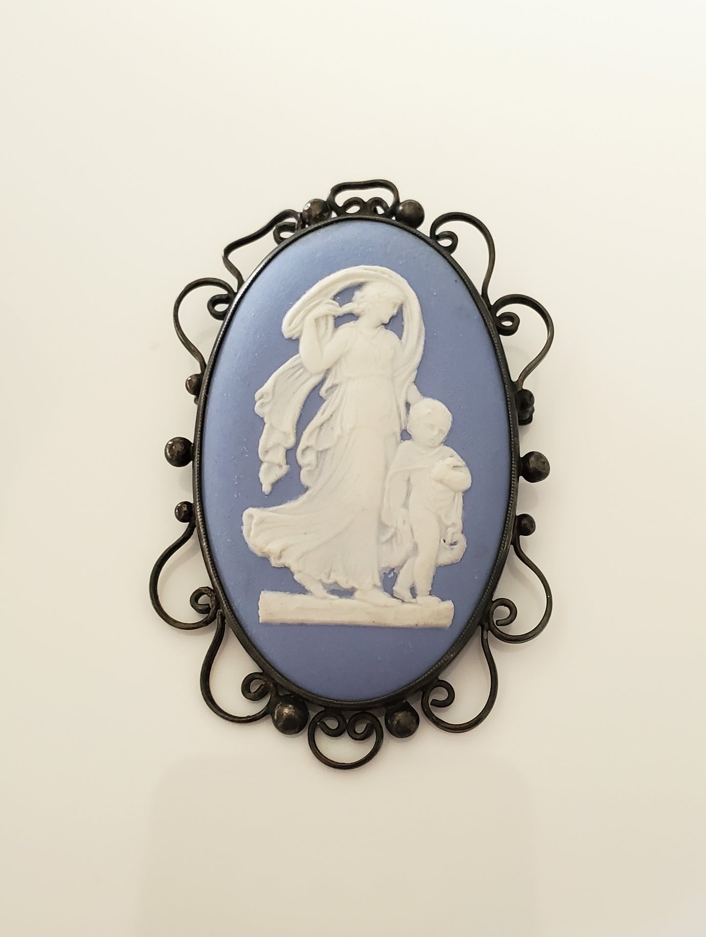 Vintage 1951 Wedgwood Brooch Pendant Blue White Mother Mary Holy Child