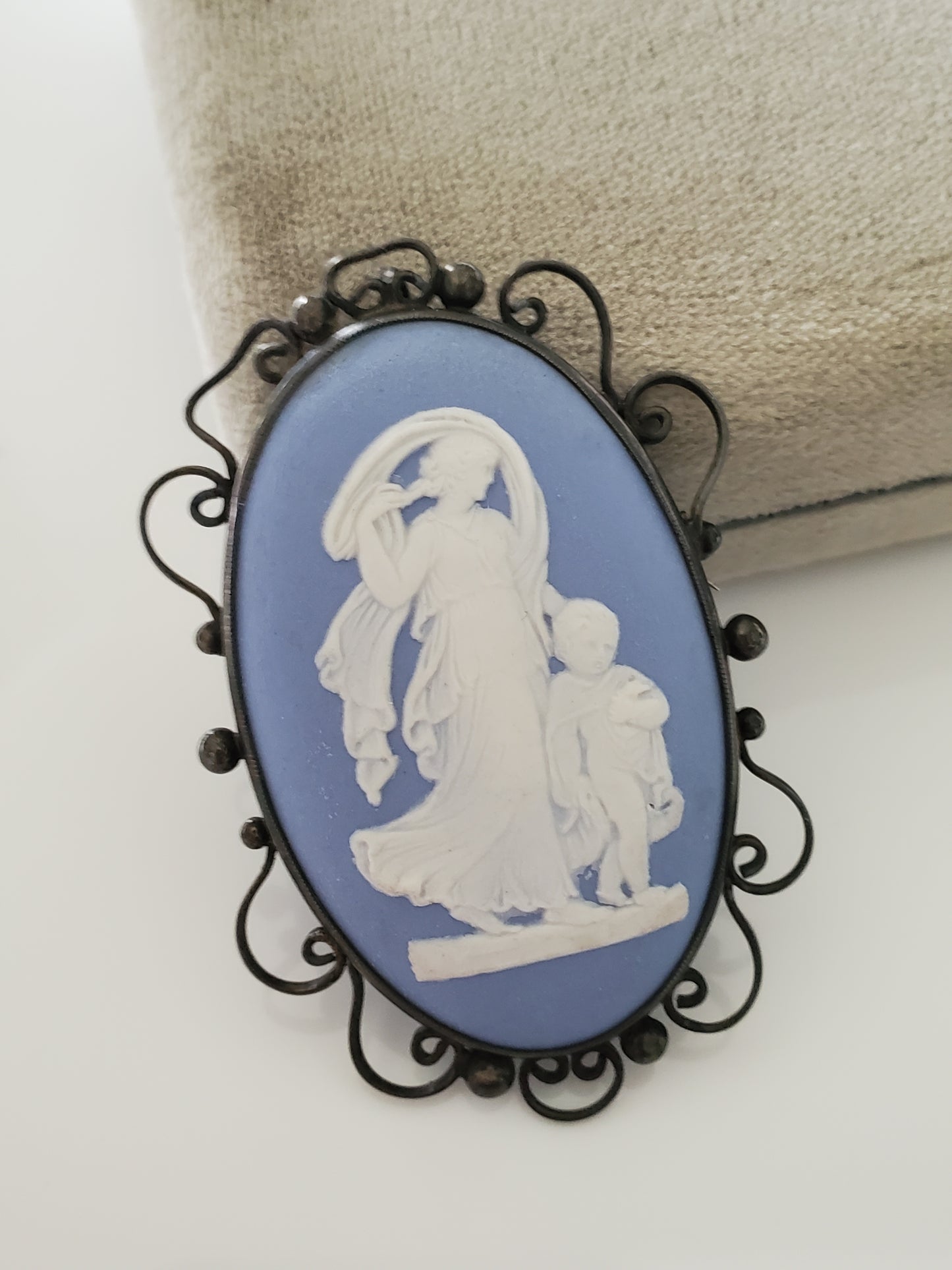 Vintage 1951 Wedgwood Brooch Pendant Blue White Mother Mary Holy Child