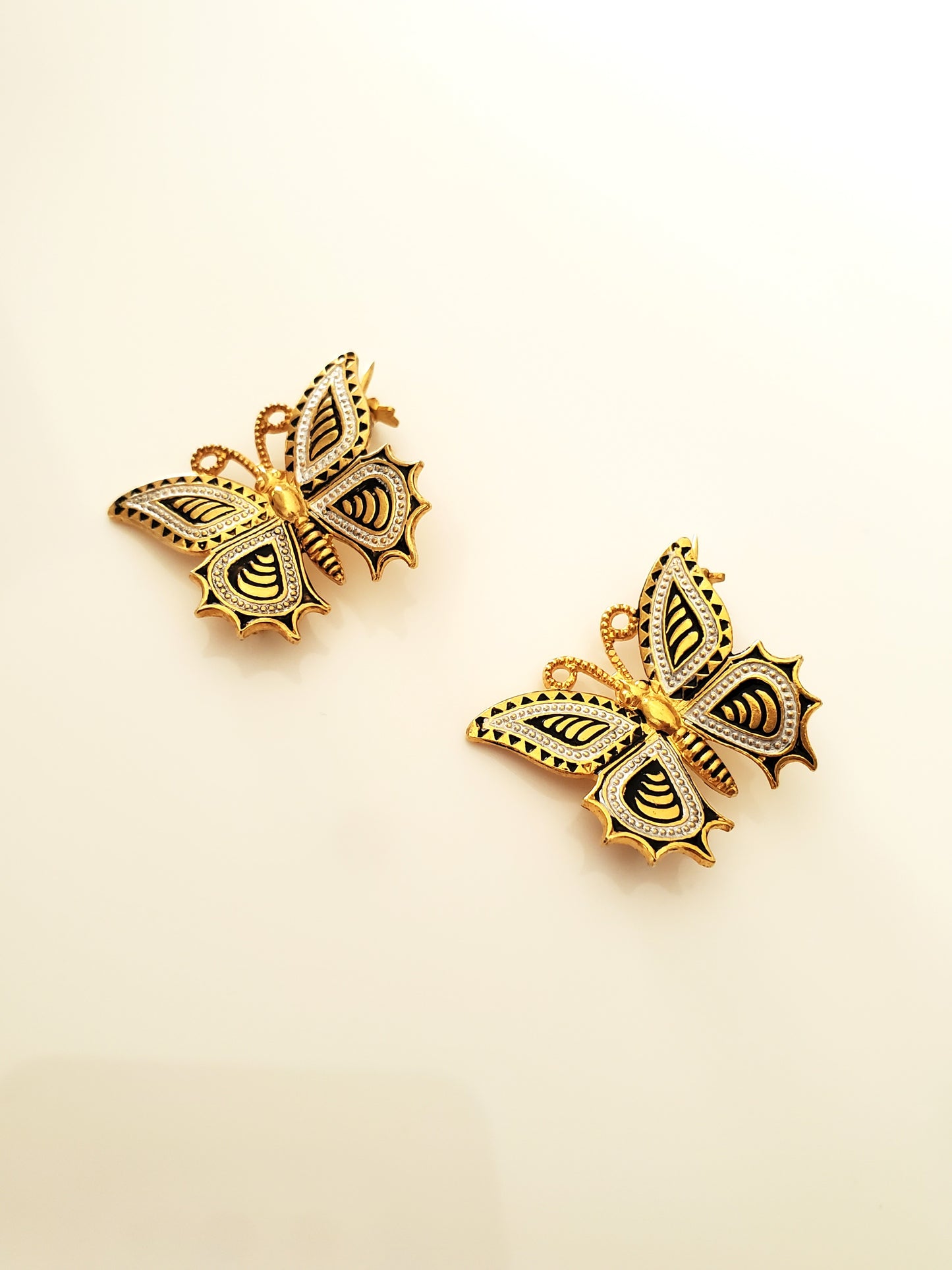 Pair of Vintage Damascene Butterfly Brooch Pins