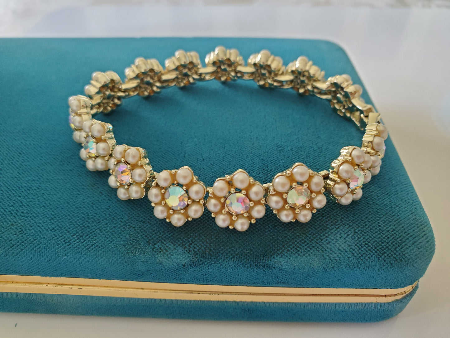 Vintage Kramer Designer Pearl and AB Rhinestone Flower Bracelet