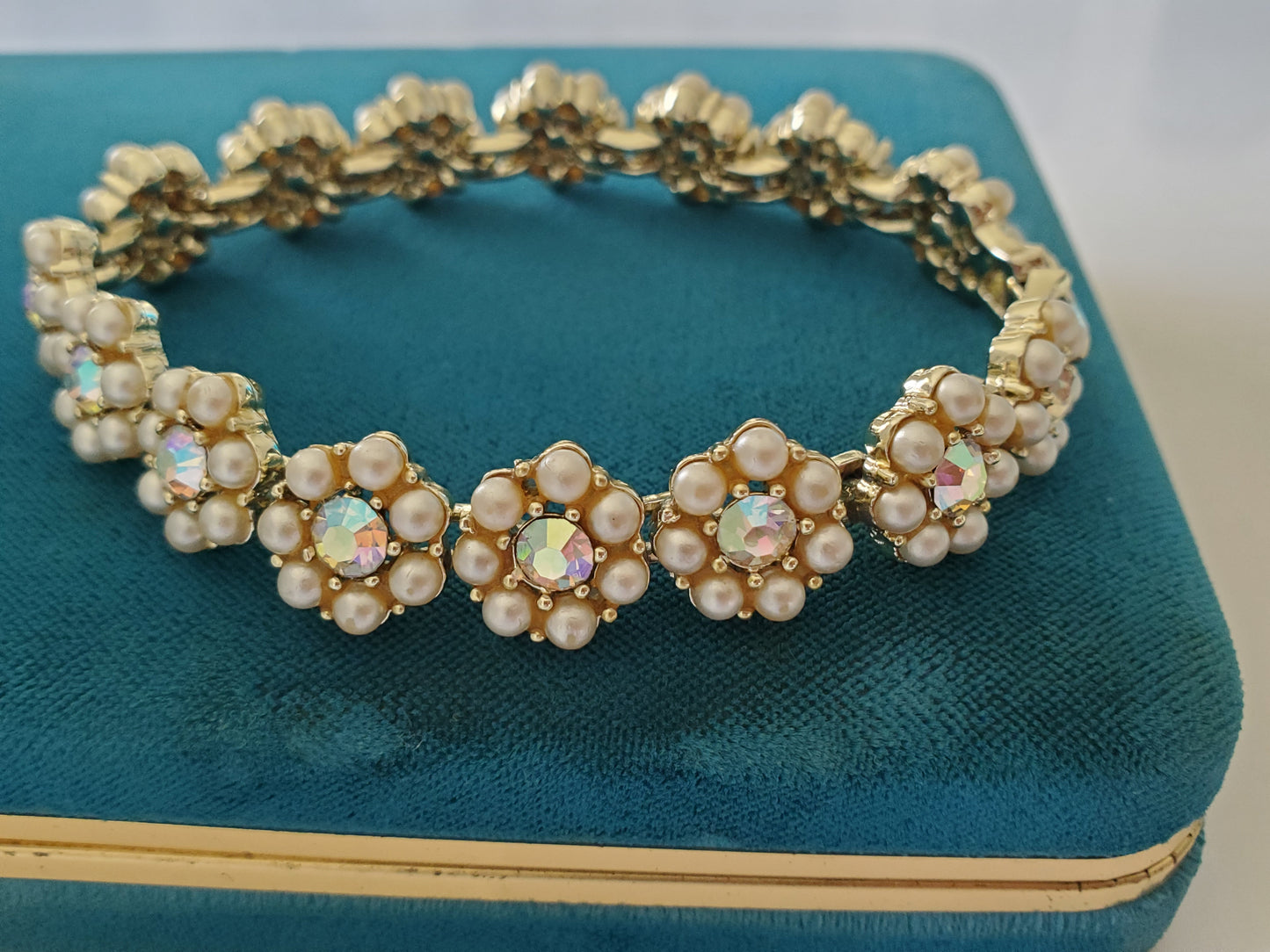 Vintage Kramer Designer Pearl and AB Rhinestone Flower Bracelet