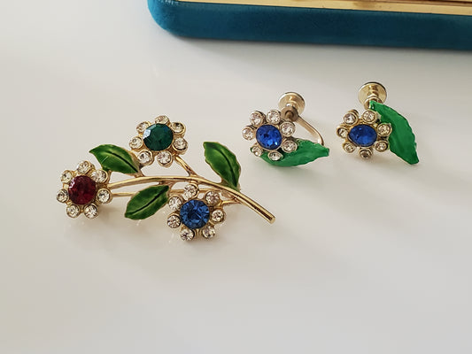 Vintage Mid-century Enamel and Rhinestone Multicolor Flower Brooch and Earrings