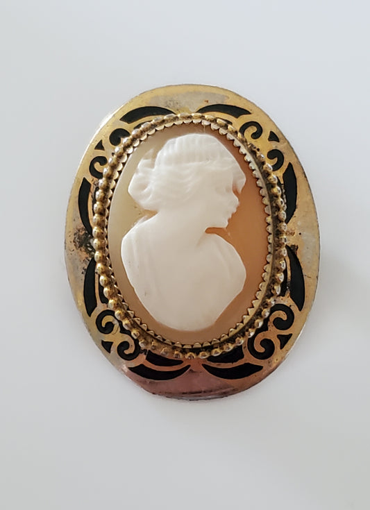 Vintage Victorian Lady Cameo Pin Brooch Plated with Black Enamel