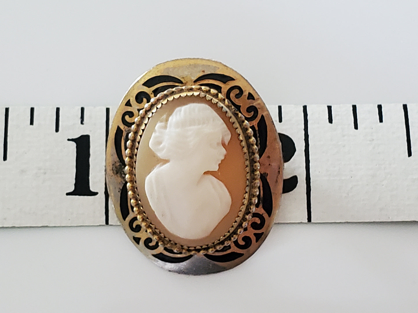 Vintage Victorian Lady Cameo Pin Brooch Plated with Black Enamel