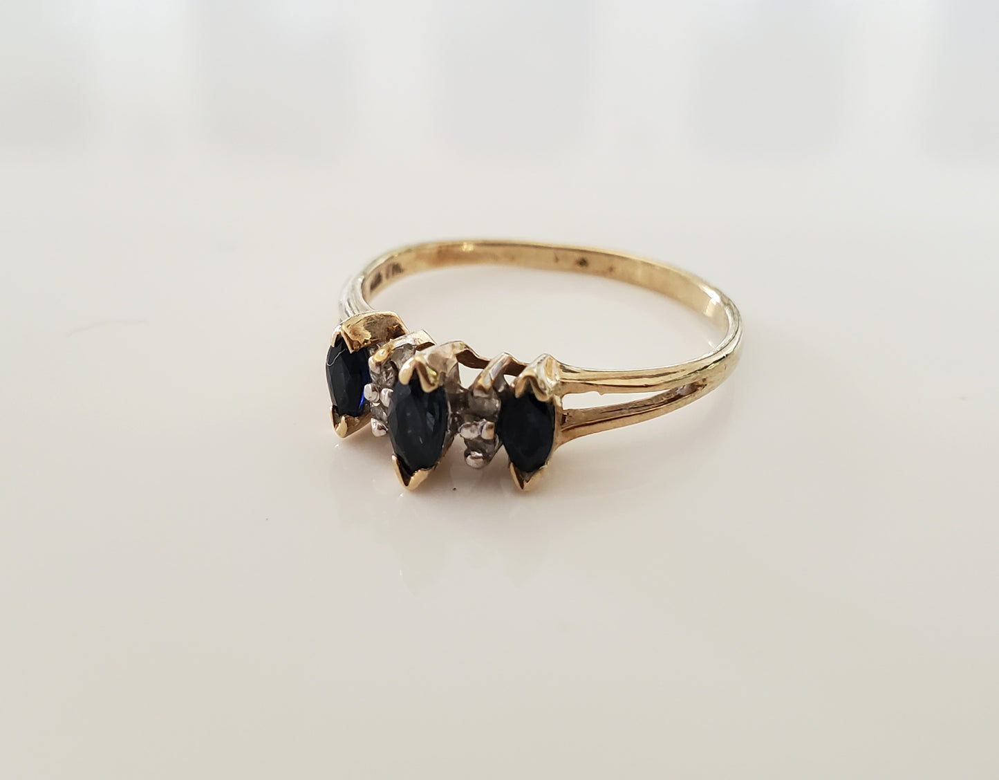 10K Gold - Vintage Marquise Sapphire and Diamond Ring