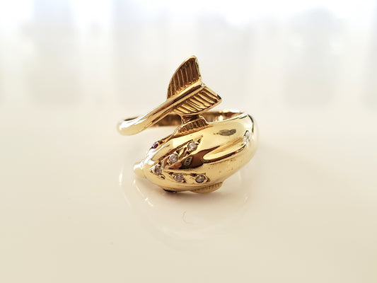 14K Solid Gold Dolphin Ring with Diamonds and Rubies