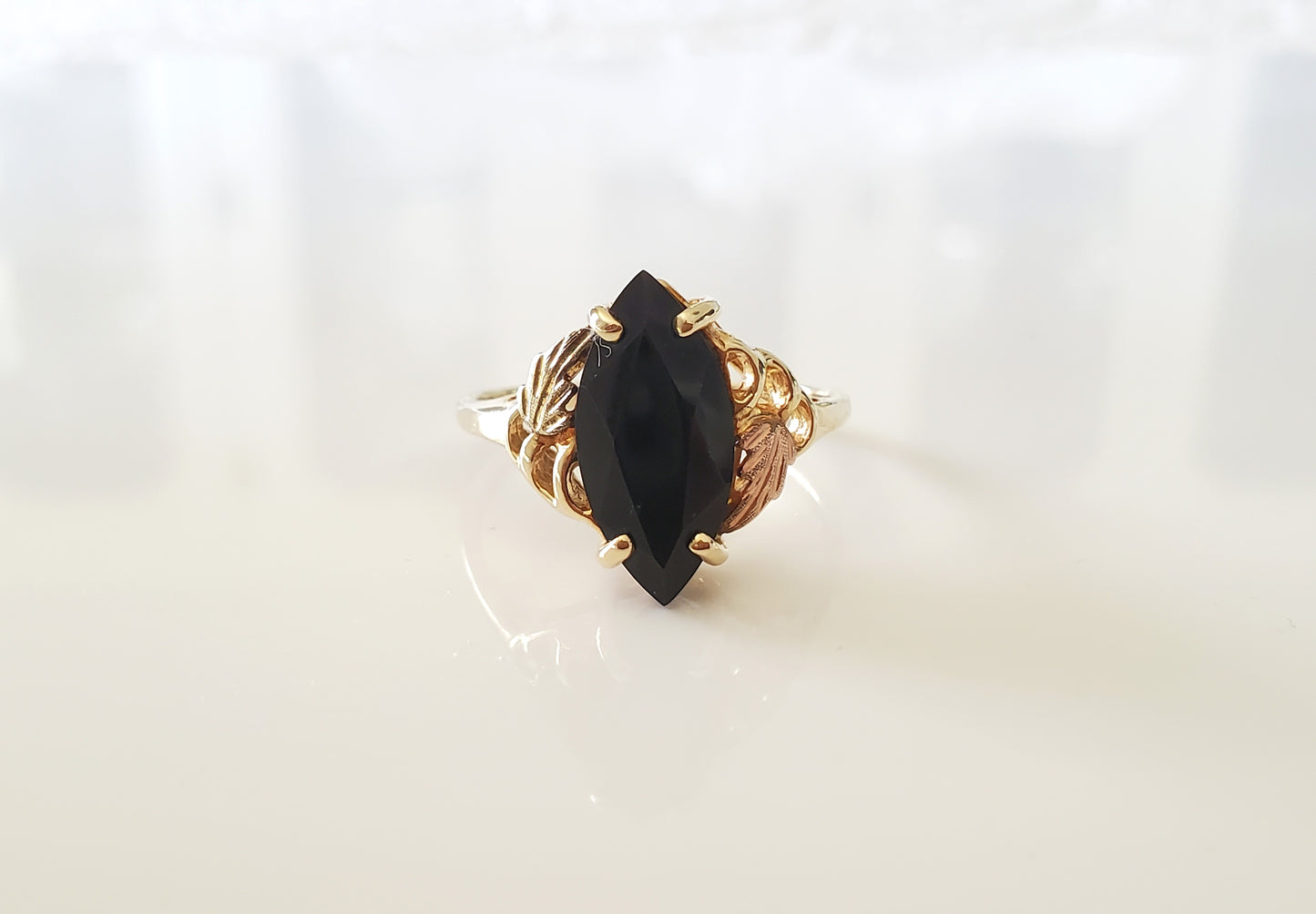 Vintage 10K Solid Black Hills Gold with Faceted Onyx Marquise Center