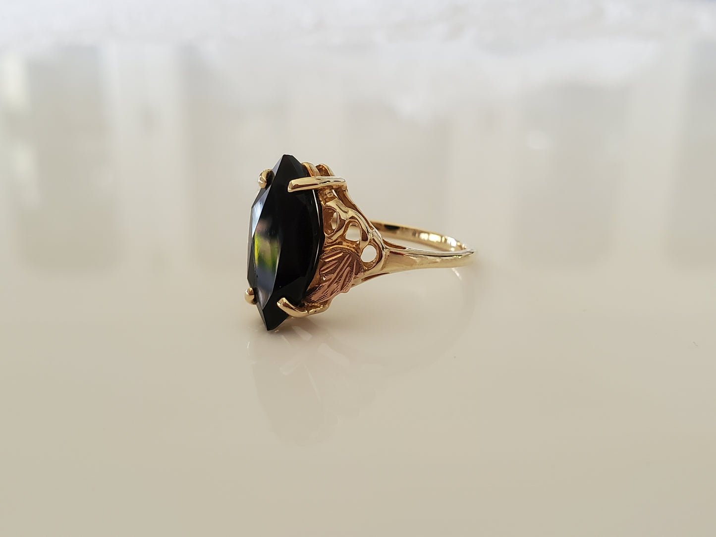 Vintage 10K Solid Black Hills Gold with Faceted Onyx Marquise Center