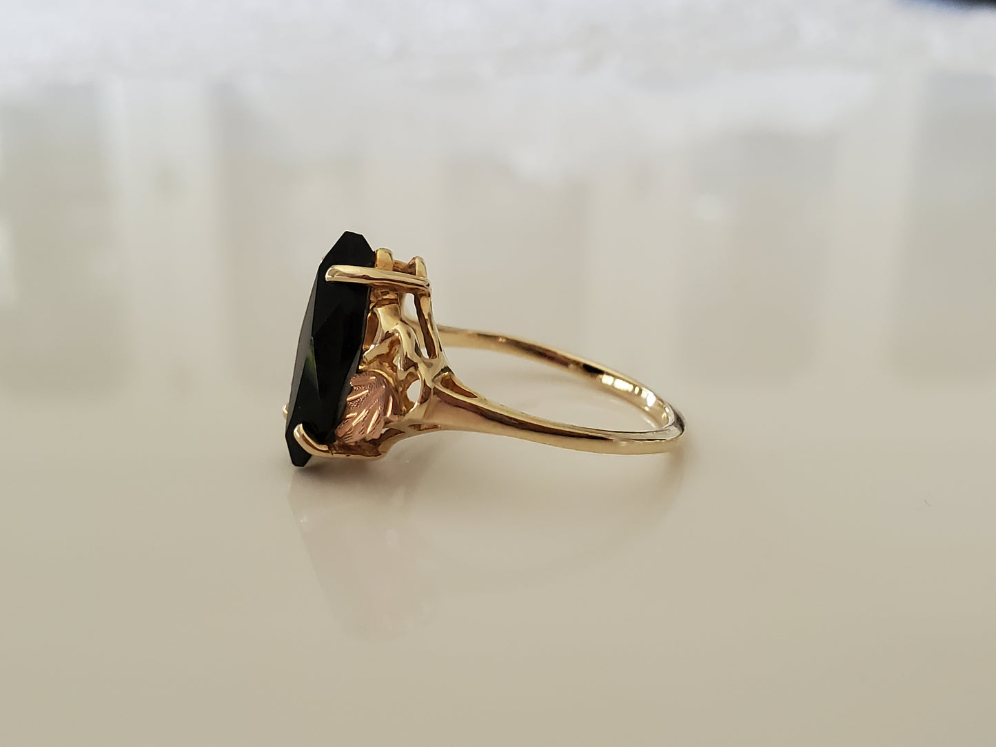 Vintage 10K Solid Black Hills Gold with Faceted Onyx Marquise Center