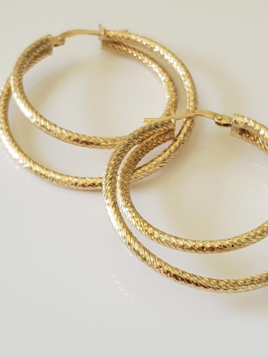 14K Solid Gold Hollow Double Round Hoop Earrings