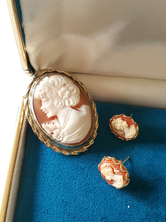 Vintage Gold-fill Cameo Pendant Brooch and Earring Set